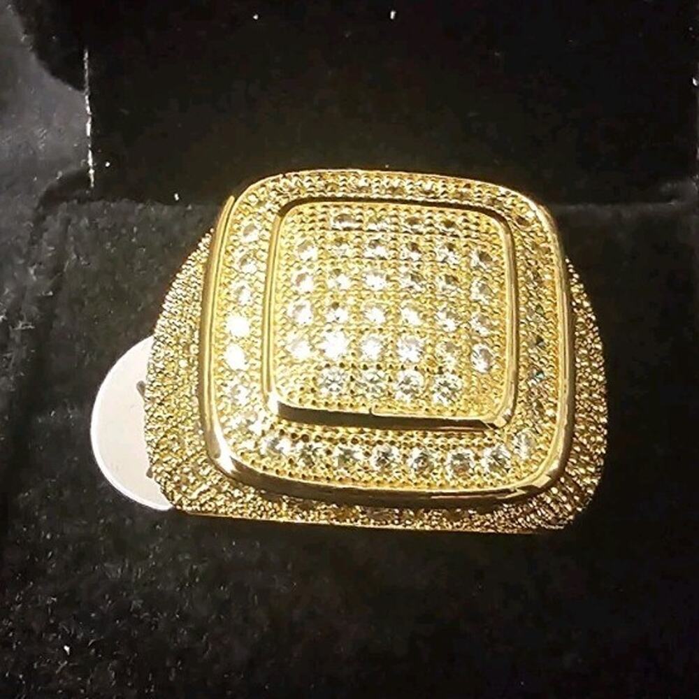 Gold Plated steel Men's Ring- SIZE 7 Square w/ prong set Cubic Zirconia stones